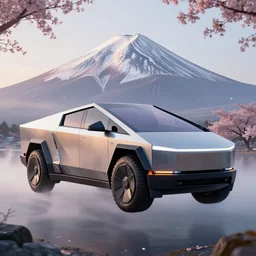 a futuristic magical solarpunk alternate universe version of tesla cyber truck vehicle hover craft in the future of 2 0 8 9 futuristic version, dieselpunk look, intricate modular automotive parts shape, aero dynamic, digital art. trending on art station. cyberpunk look hovering by mount fuji early in the morning with a few blossom trees around, high quality photo
