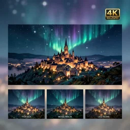 An elvish city at night, with beautiful glowing lights reflecting off the hilltops. Beautiful stars, aurora borealis. Magical Scene. Epic Landscape and City Painting by Tyler Edlin, and Michael Whelan, and J.R.R. Tolkien. 4K HD Wallpaper Premium Prints Available.