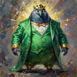 action hero Michael Bay movie poster featuring Marvel Majestic Fat Pigeon in a extravagant full body green suit by Alex Ross, oil painting
