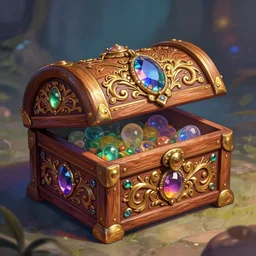a beautiful and vivid and colorful andreas rocha magic the gathering fantasy illustration of a beautiful engraved wooden pandora's box with inlaid jewels and gold filigree scrollwork.