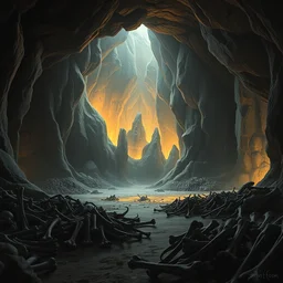 fantasy matte painting of a cave with glowing crystals on the walls and piles of bones on the floor, fantasy, sharp focus, artstation