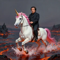 Danny Devito riding unicorn in a lake of lava, concept art by Doug Chiang cinematic, realistic painting, high definition, digital art, symmetrical, very detailed, extremely high detail, photo realistic, concept art, unreal engine 5,