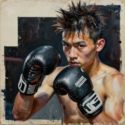 young fight club fighter in action detailed analogue mixed media collage with canvas texture in style of contemporary art, punk art, hyperrealistic beautiful face, photorealism, expressionism, masterpiece, perfect composition, spectacular quality, intricate oil details, dark background