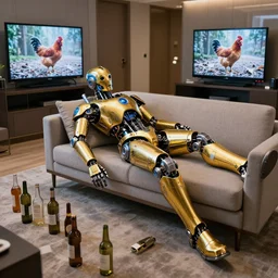 portrait photo of a shiny golden and blue metallic futuristic steampunk humanoid robot sleeping on a sofa in a modern hotel room, empty bottles all over the floor, on the television sits a chicken, messy, pressphoto, insanely detailed, wide shot