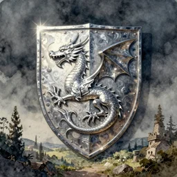 medieval coat of arms in dragon symbol, pinterest, artstation trending, behance, watercolor, by coby whitmore, silver, laser light,