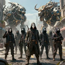 an intricate concept art, illustration, fantasy of a gang of thieves wearing mask in the street, post - apocalyptic, mechanical biomes, megafauna, ultra photorealistic, ultra sharp, artstation, cgsociety, masterpiece, digital art, anime colors, style by ivan talavera and wlop, hyperrealistic, octane render, 4 k