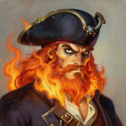 portrait of demon pirate lechuck from monkey island video game, burning beard on fire, highly detailed, looking smug, stylized, smooth, oil painting by greg hildebrandt, tim hildebrandt, artgerm, character portrait, dynamic lighting