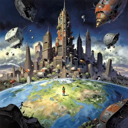very detailed, prophet graphic novel, ilya kuvshinov, mcbess, rutkowski, simon roy, ghibli studio, illustration of decrepit arcologies skyline dystopian megacity with space junk floating in the sky on a dead planet earth, wide shot, colorful, deep shadows, astrophotography