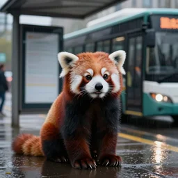 a photo of 8k a cute red panda waiting at a bus stop in the rain for a bus that might never come, cinematic lighting, trending on artstation, 4k, hyperrealistic, focused, extreme details, unreal engine 5, cinematic, masterpiece