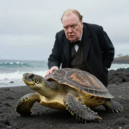 An astonished agape Winston Churchill discovers the first turtle ever in Galapagos, national geographic, BBC, XF IQ4, f/3.2, ISO 200, 1/160s, 8K, RAW, unedited, face retouched, AI enhanced