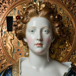 face centered portrait, artwork by james jean, hyperdetailed realistic smooth polished porcelain, beautiful danish queen, jean delville, art nouveau, gustav klimt, ornate copper patina gothic icon, james jean, ultrasharp hyperdetailed photorealistic octane render