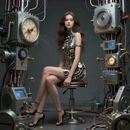 beauty woman being sitting on a stool, time warping, very detailed, dramatic lighting, mechanical details, electrical details, high details, 4k, 8k, trending on artstation, by Hajime Sorayama and Boris Vallejo