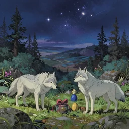 wolves and their treasures - astral landscape, trending on artstation, illustration, digital painting, highly detailed render by studio ghibli