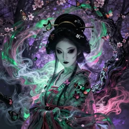 a beautiful terrifying ghost portrait black eyes geisha smoke death twisted trees cherry blossom, floating cloth whirlpool, butterfly hard lighting ethereal horror fantasy art purple green, pink hues by karol bak raymond swanland, gaston bussiere craig mullins alphonse mucha, monet, ruan jia, by wlop, moebius syd mead roger dean yoshitaka amano