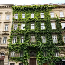 a professional color photo of a vienna without humans, vienna with nature returning to the city, buildings mildly covered with ivy, humans suddenly dissapeared, detailed photo, fine detail, iphone 4 k
