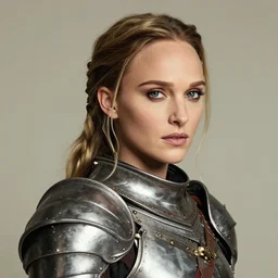 head and shoulders portrait of a female knight, young natalie portman, steampunk, silken blonde hair, armored, athletic, vogue fashion photo