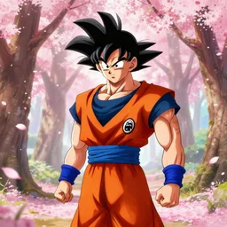 Goku samurai in a spring forest full of pink petals, digital art, trending on artstation, HDR