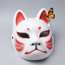fine art photography of an kitsune mask from japan, still life, butterfly lighting, studio, upward side view, iso 1 0 0, shutter speed 1 2 5, aperture 8, award winning