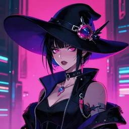 a woman with a large hat on her head, cyberpunk art by patrick nagel, featured on pixiv, neo - dada, anime aesthetic, official art, wiccan