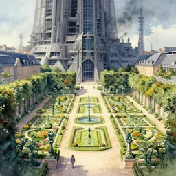 french formal garden in a space fortress. this watercolor painting by the award - winning concept artist has cinematic lighting, an interesting color scheme and intricate details.