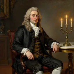 museum painting, beautiful, 3 0 years old man, wavy blonde hair, sitting in the chair, dressed in 1 8 th century clothes, table with candleholder to the right, light from candles, sharp focus, highly detailed, digital art, oil painting, masterpiece, leyendecker, rutkowski