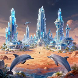 dolphin village on mars, scifi, crystal buildings, highly detailed, art by victor titov and greg rutkowski and adam lee and hue teo
