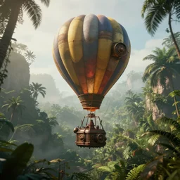 hot air flying machine steampunk, in a jungle valley, foggy, octane render, volumetric, unreal engine, depth of field