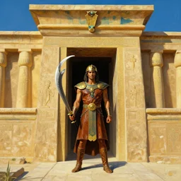 [ - - height 1 2 1 6 ] [ - - width 1 0 2 4 ] juba, from the movie gladiator, wearing ornamented leather and robes, holding a two - handed scimitar, guarding the ornamented entrance of the egyptian temple, painted in the style of anders zorn
