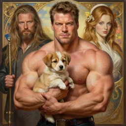 gigachad ron swanson bodybuilder holding a cute puppy in final fight mountain by ilya kuvshinov, ernest khalimov body by krista sudmalis, fantasy character portrait, ultra realistic, concept art, intricate details, elegent, digital painting, smooth, sharp focus, illustration, art by artgerm and greg rutkowski and alphonse mucha, artstation