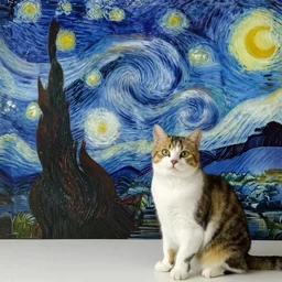realistic starry night by van gogh but from the perspective of a cat