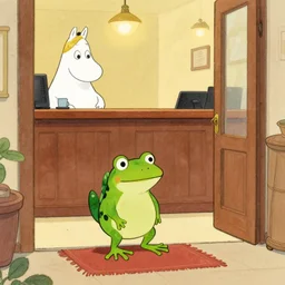 a small frog standing on two feet at the hotel reception entry, in style of tove jansson ( the moomins )