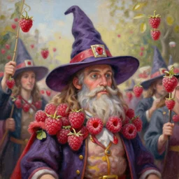 a raspberry parade, oil on canvas, intricate, 8k highly professionally detailed, HDR, wizard hat, CGsociety