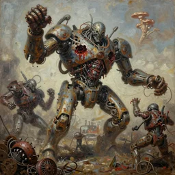 oil paint of flayed mutant god machines, cluster battle chaos, intricately macerated by age, sentient, dethroned goliath machine, whipping blood turbines, hydrocracking battles, rusted, macerated, eviscerated by fimbria wires, bicornate fungal pit, trash patina sheen rotting, by alberto bontempi, alex ross, shigeru