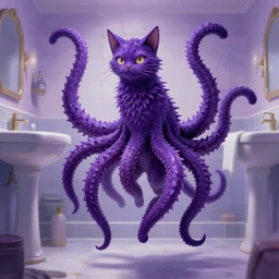 style of steve niles and dean cornwell, purple color theme, cat has spiny ridges tentacles, multiple tails is floating above ground, in bathroom