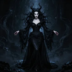 style of ellen jewett, artgerm, joshua middleton : : gorgeous willa holland : : evil witch, swirling black magic, black dress : : symmetrical face, symmetrical eyes : : full body pose : : gorgeous black hair : : magic lighting, low spacial lighting : :