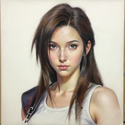 subject : detailed full body portrait illustration of aerith gainsborough perfect face, medium : oil on canvas, style : realistic pose study portrait, maximalist, accurate, full color chiaroscuro artist : tetsuya nomura, 4 k, focus : full body and head