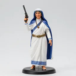 mother theresa action figure, holding a gun