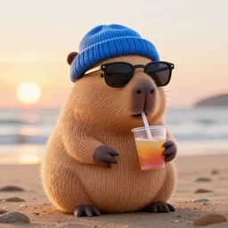 a photorealistic picture of a knitted cute Capybara wearing sunglasses and dressed in a blue beanie cap. The Capybara is also drinking a refreshing drink at the beach during sunset. The image is Trending on Artstation, featured on Behance, well-rendered, fine detail, extra crisp image, Unreal Engine, 4K HD