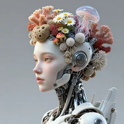 complex 3 d render, hyper detailed, ultrasharp, beautiful biomechanical female cyborg portrait with a porcelain profile face, natural soft rim light, headdress made of sponge corals, daisies, colorful mushrooms, jellyfish, puffballs, white red rhizomorphs, cyberpunk metallic brackets, ferra white mecha, alexander mcqueen, beautiful natural soft illumination, octane highly render, 4 k, ultra hd,
