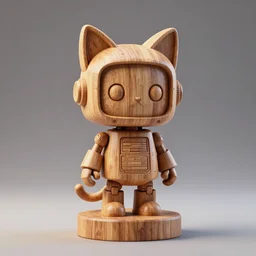 3 d octane render ultra photo realistic, sculpture wooden carving cute robot piedestal cat ears cyberpunk popart collection contemporaryart