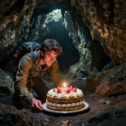 photo of an adventurer finding a cake in a dark mysterious cave
