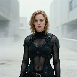 cinestill 5 0 d candid photographic portrait by helen levitt of christina hendricks wearing rugged black mesh techwear, modern cyberpunk moody emotional cinematic, white pale concrete city, dust storm, 8 k, hd, high resolution, 3 5 mm, f / 3 2, ultra realistic faces, ex machina