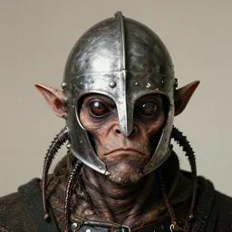 close up portrait of a mutant monster creature with facial features resembling a medieval steel helmet, beetle eyes and antennae. by jan van eyck, walton ford