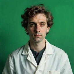 scientist. portrait. bauhaus, angular, geometric, symmetrical. green color theme. flat, solid background.