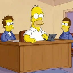 homer j simpson in a court room, attorneys by his side, courtroom sketch