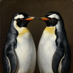 portrait of two penguins wearing fine robes, oil painting by jan van eyck, northern renaissance art, oil on canvas, wet - on - wet technique, realistic, expressive emotions, intricate textures, illusionistic detail,