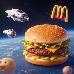 a mcdonald's in space, digital art, exquisite detail, vibrant colors, spaceships, hamburgers