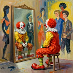 clown sitting on a stool looking into a mirror by beeple and vincent lefevre and james jean and hernan bas and hilma af klint, abstract background, psychological, dripping paint, high quality render, masterpiece