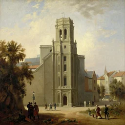 building of a city 1700s oil painting