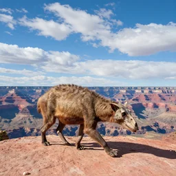 candid photograph of a deathclaw roaming the grand canyon with a bright blue sky with many clouds in the background, 8 k, very detailed, very intricate,